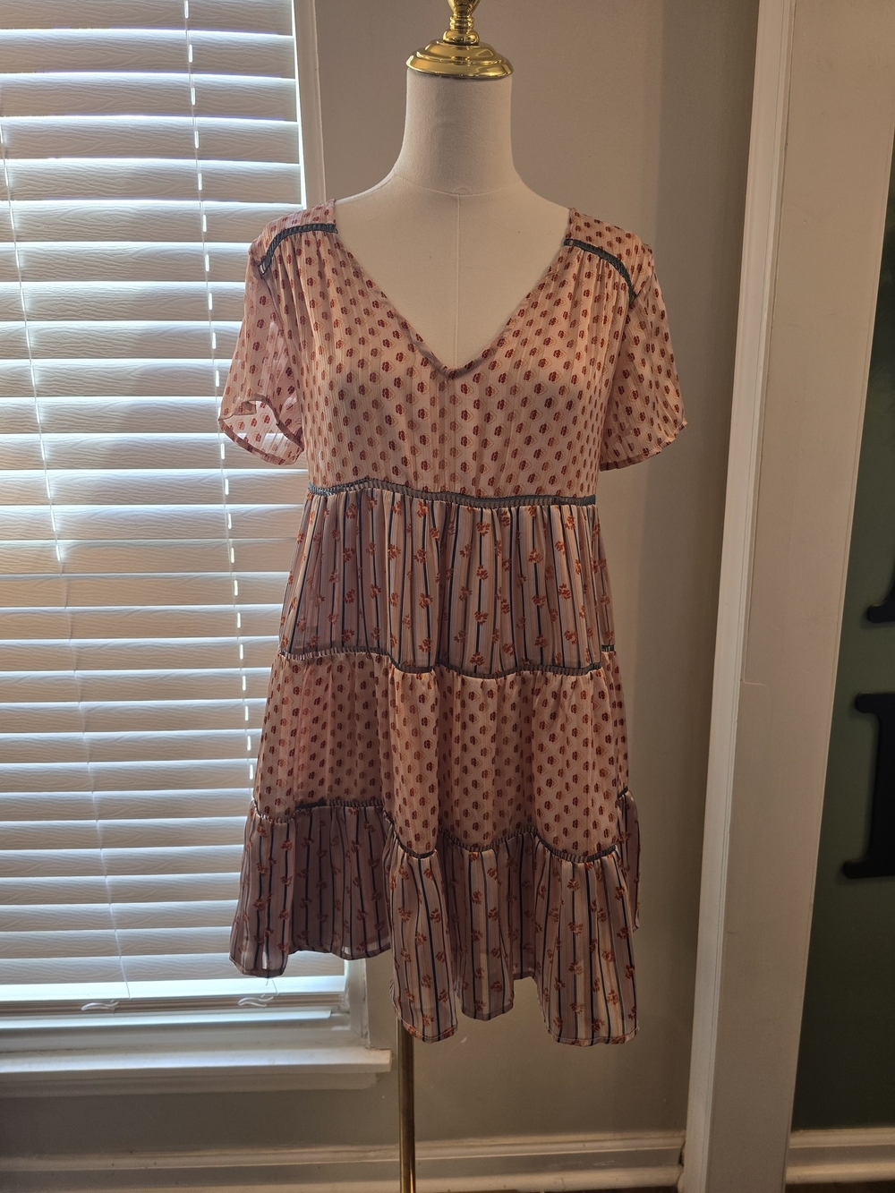 Urban Outfitters Pink Patterned Tiered V-Neck Babydoll Mini Dress